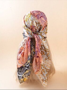 Boho Paisley Silk Square Scarf in Peach, Mustard & Black | Hair/Bag/Pashima